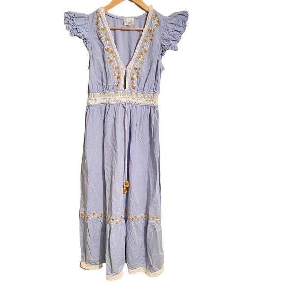 Saylor Yumi Dress Maxi Flutter Sleeve Blue Printed Cotton L - Picture 3 of 9